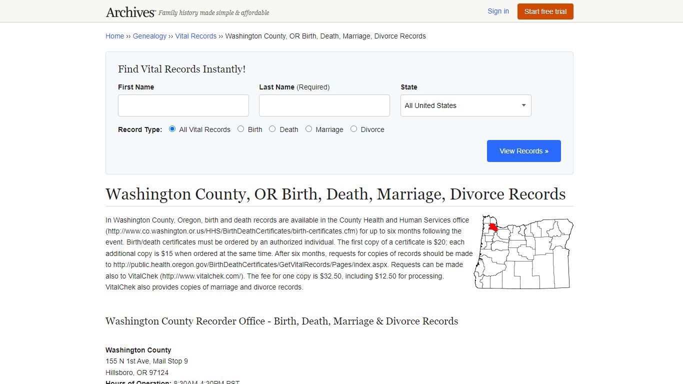 Washington County, OR Birth, Death, Marriage, Divorce Records